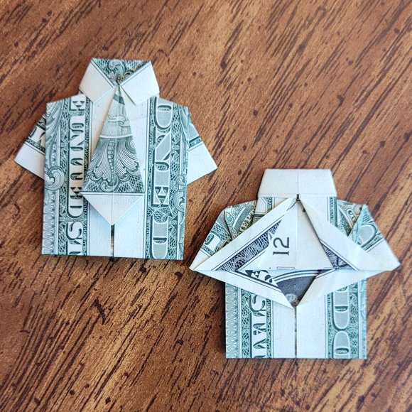 ORIGAMI SHIRT & TIE - Handmade DOLLAR Gift Art $1 Bill New Uncirculated Money - Picture 3 of 4